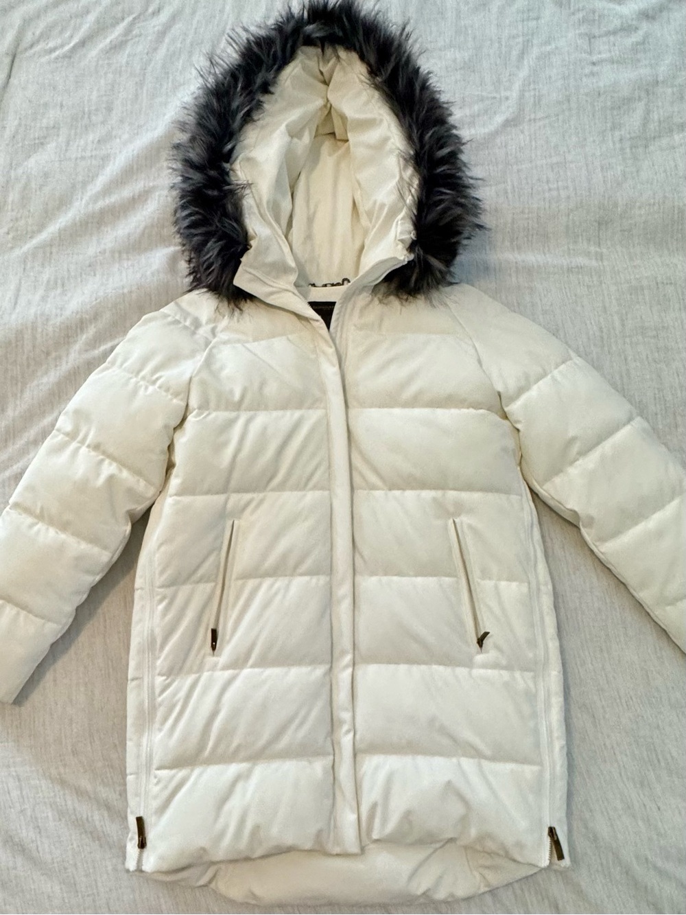 Donna Karan Cream Puffer Coat with Black Fur-Trim Hood